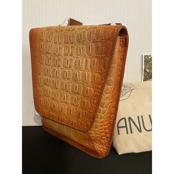 ANUSCHKA Croc Embossed Camel Genuine Leather Flap Crossbody Shoulder Bag Purse - Picture 4 of 10